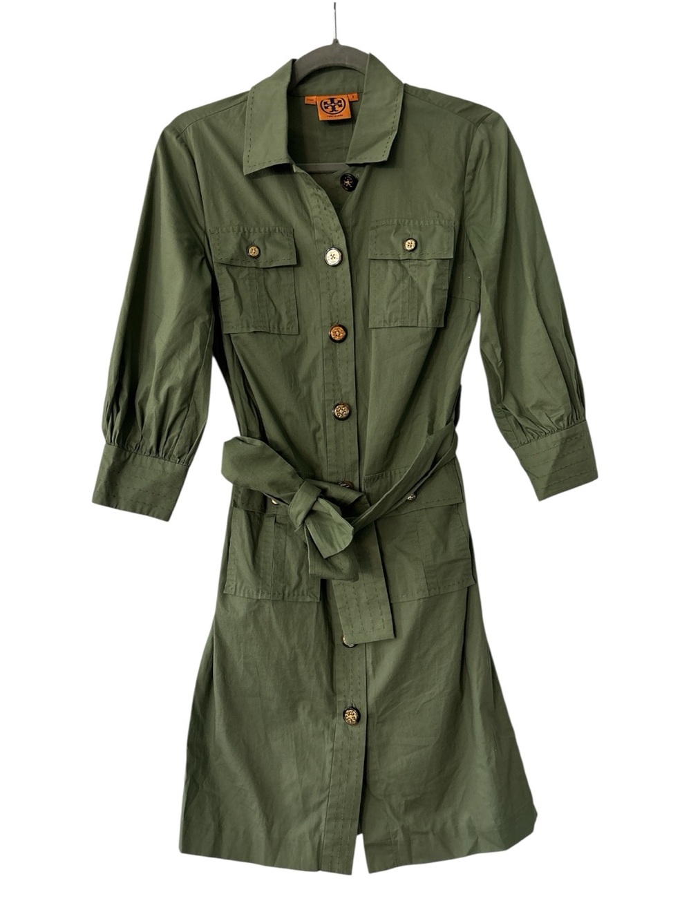 Tory Burch 3/4 Sleeve Belted Safari Dress in Olive Green Size 0